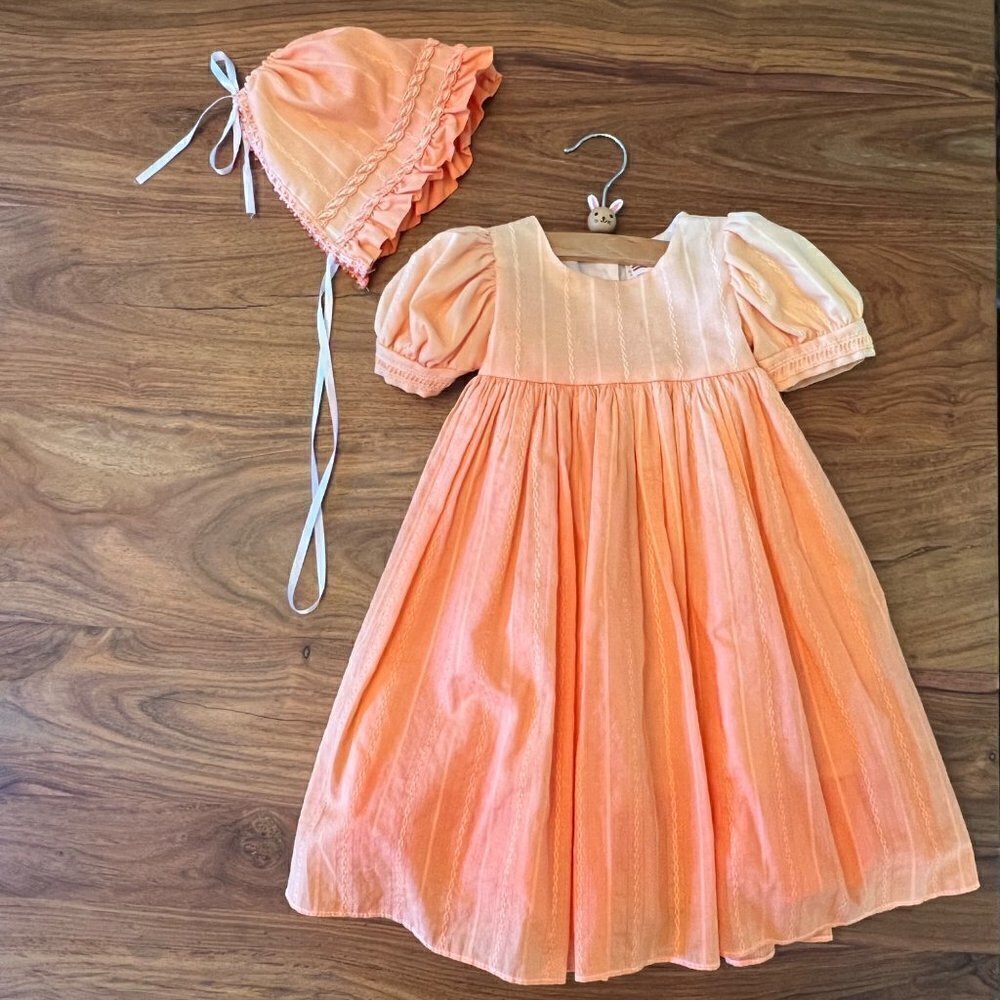 Custom Dyed Orange Ombre Dress with Wide Sash & Twisted Trim Bonnet